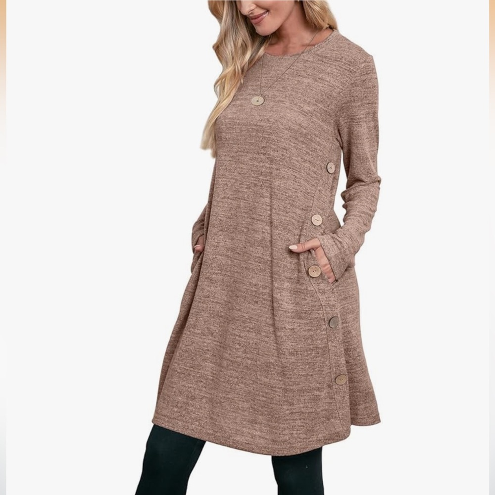 OFEEFAN Winter Dress for Women Long Sleeve Dress Buttons Side Khaki